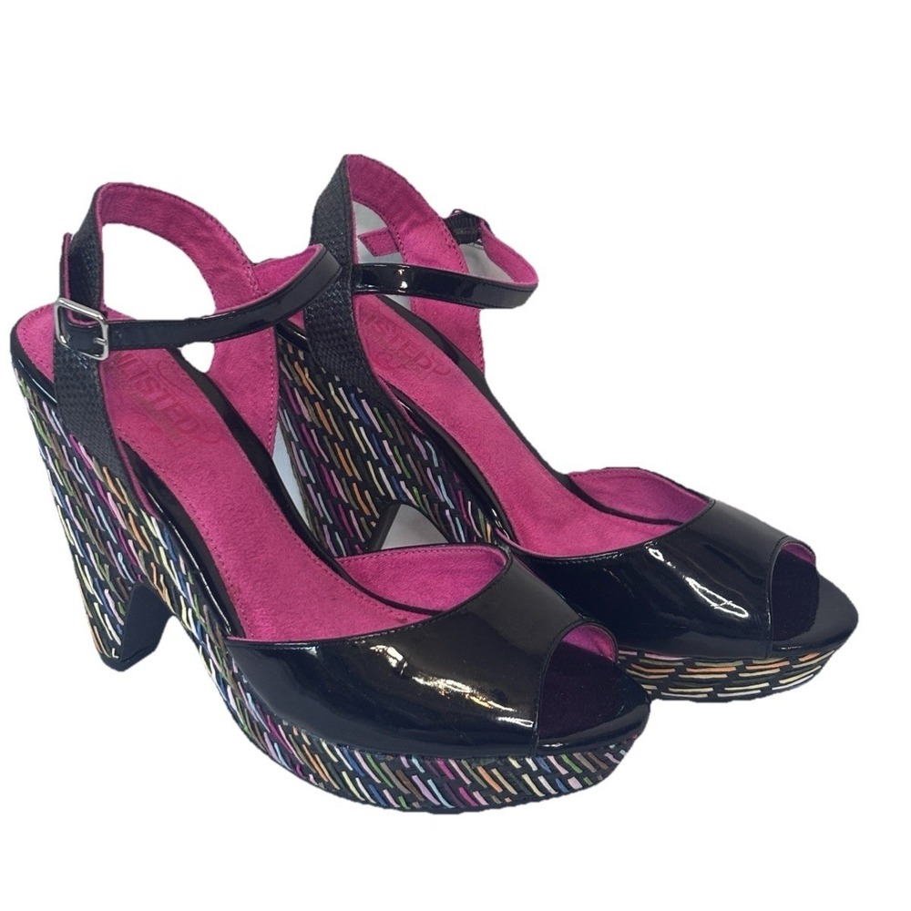 Unlisted By Kenneth Cole Black, Patent Leather Multicolored Woven Platform Heels